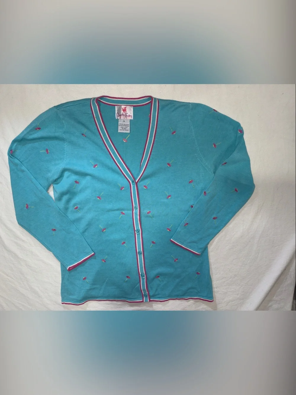 Vintage Quacker Factory Teal Floral Knit Sweater Vest Cardigan Set M